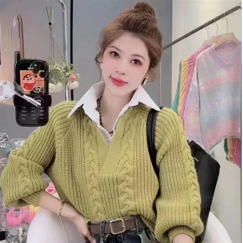 

Fake Two Piece Splice Shirt Sweater For Women's 2023 Autumn/Winter Design Sense Polo Neck Loose Outer Wear Knitted Woolen Top