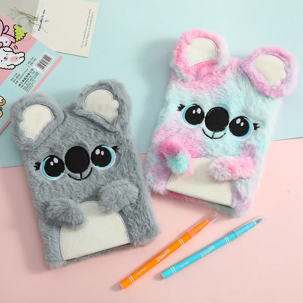 Cute Koala Plush Notebook For Girls Kawaii Pendant Keychain Furry Cats Notebook Daily Planner Journal Book Note Pad Stationery