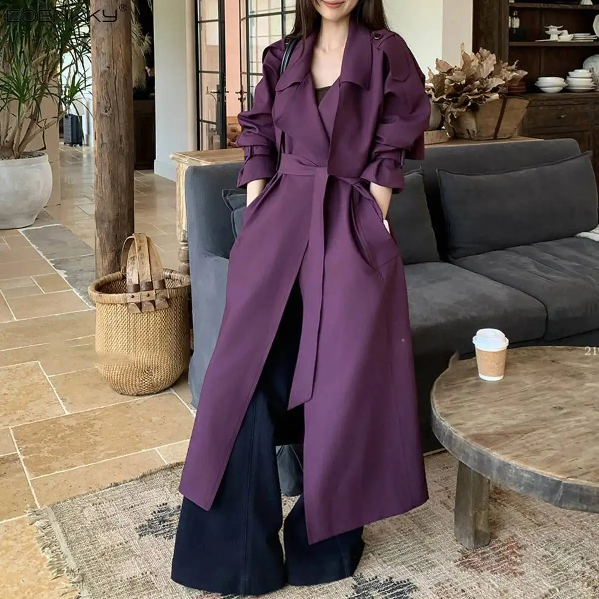 

EOENKKY двубортный двубортный дизайн со скрытым шнурком, весна 2023, новая модель, женская высококачественная длинная куртка-пальто