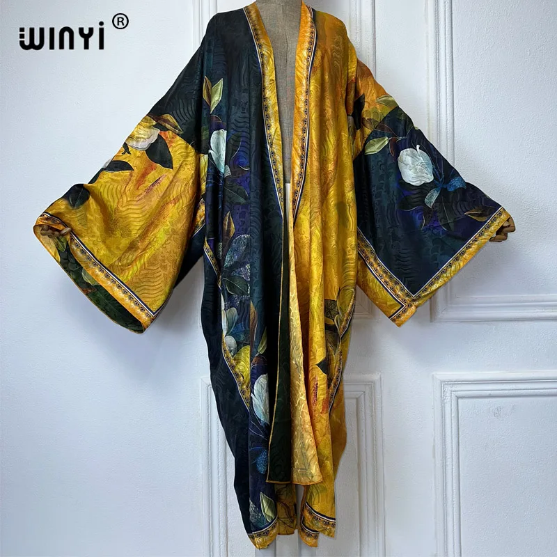 WINYI 2024 High-quality Double-sided Print Silk feel Dress Beach Wear Boho Cardigan abaya women muslim dress Long Sleeve Kimono