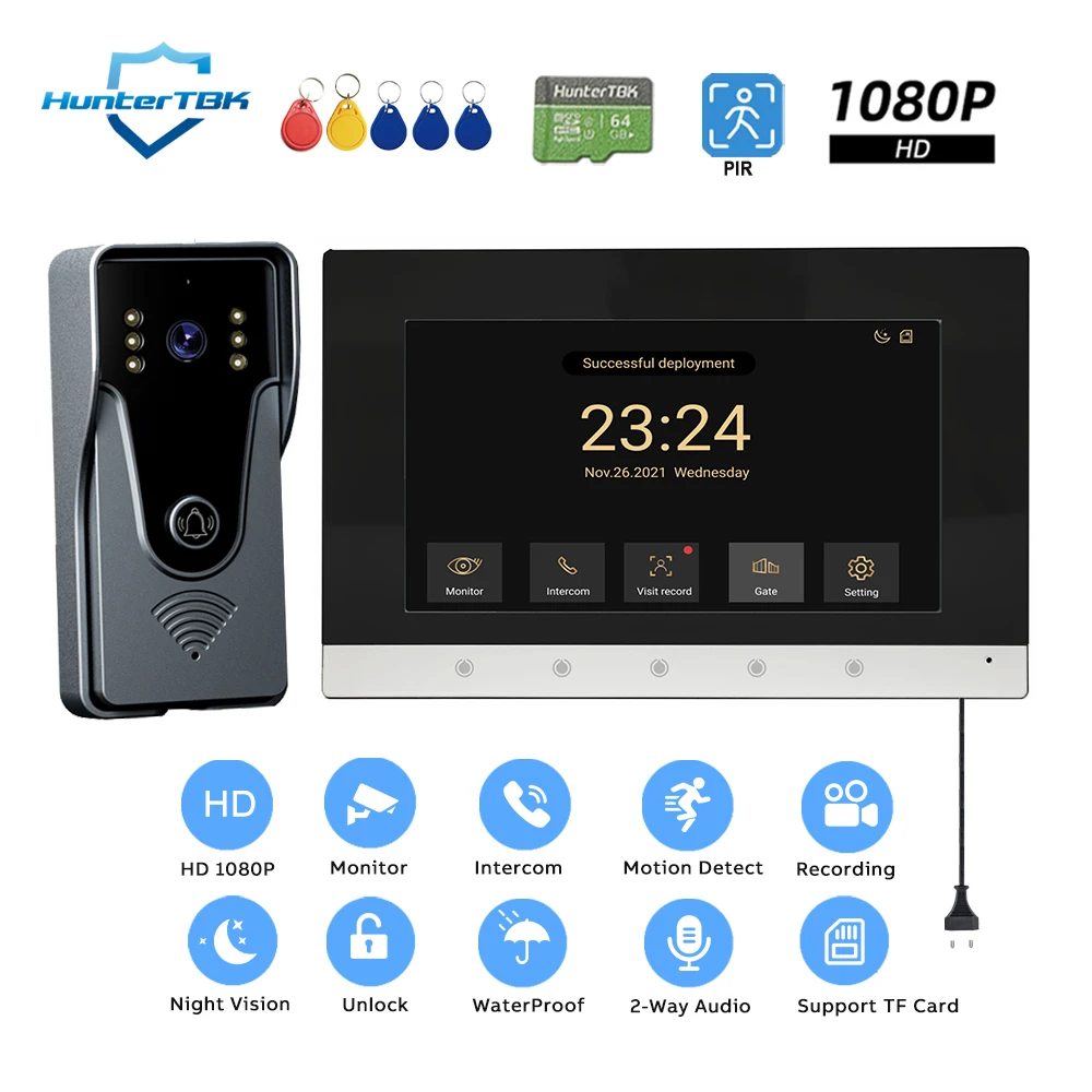 7 inch Wired Video Intercom AHD Video Door Phone RFID Waterproof Outdoor Camera Motion Detect Camera Doorbell AC 100V-240V