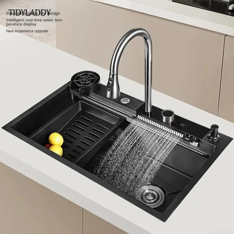 Black 304 Stainless Steel Kitchen Waterfall Sink Digital Display Single Sink Dish Basin Sink with Multifunction Waterfall Faucet