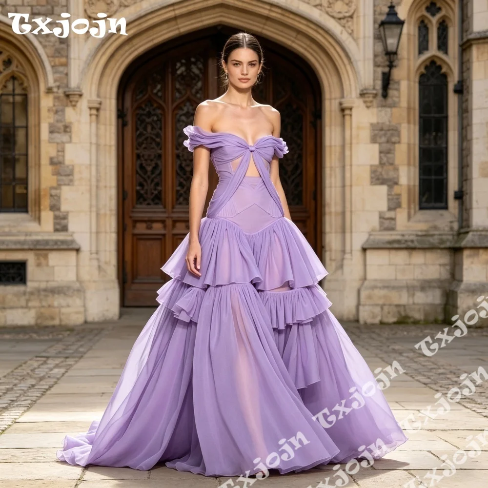 

Sexy Cutout Off The Shoulder Lavender Tulle Evening Gown 2026 Dreamy Puffy Ruffle Tiered Prom Dress Formal Pageant Party Gown