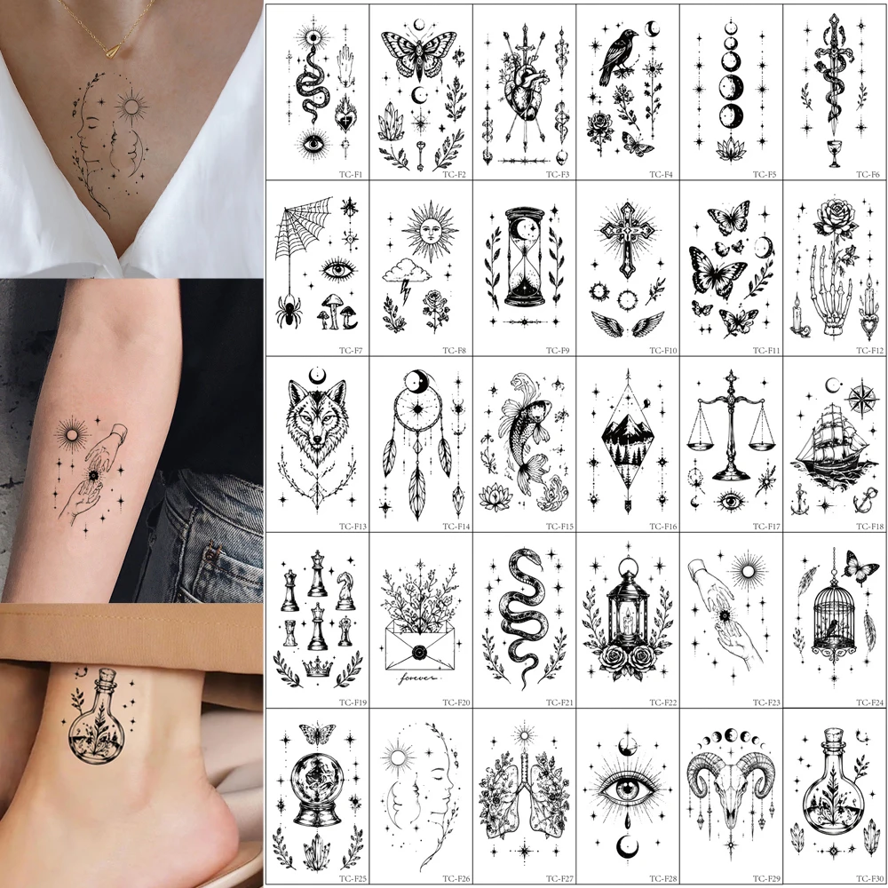 30 Sheets Hand Tattoo for Men Women Waterproof Animal Snake Butterfly Fish Moon Spider Wed Temporary Tattoo Stickers Fake Tattoo