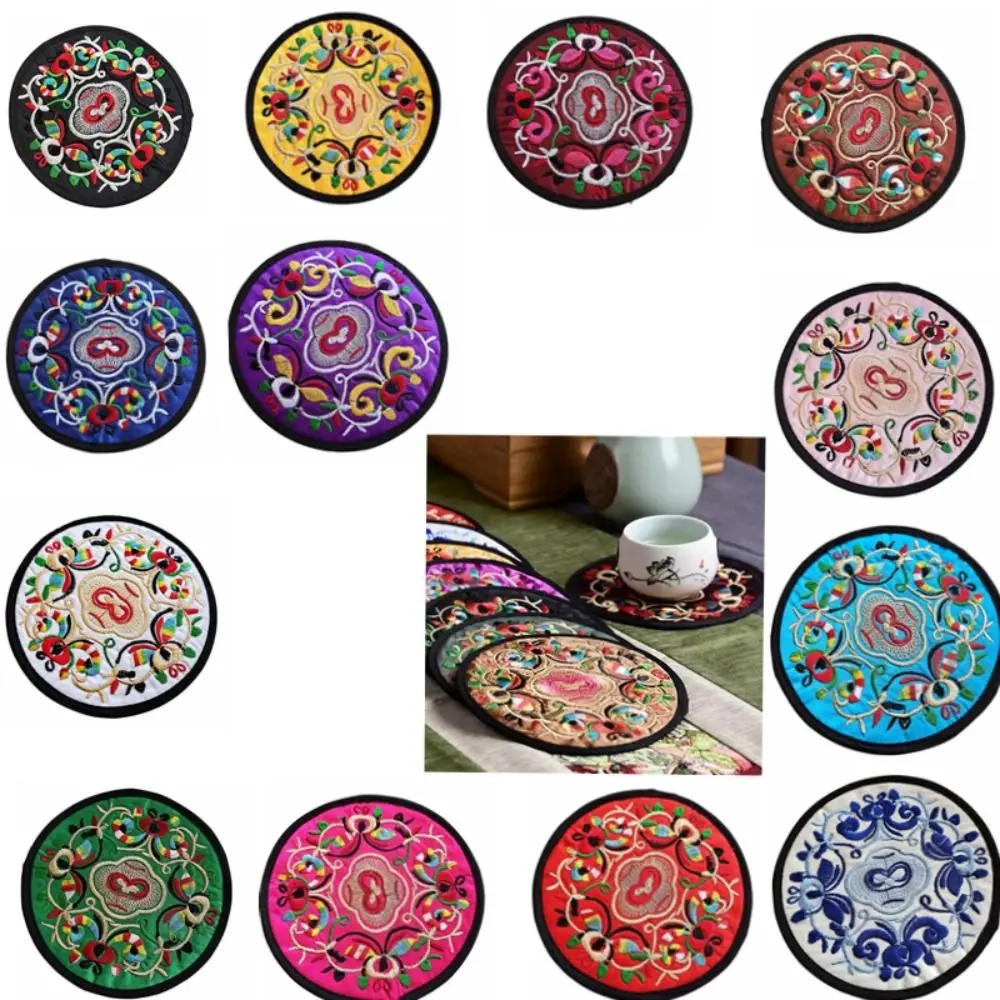 

Fabric Cloth Chinese Embroidery Insulation Pad Vintage Ethnic Coaster Round Anti-Skid Teacup Placemats Teacup