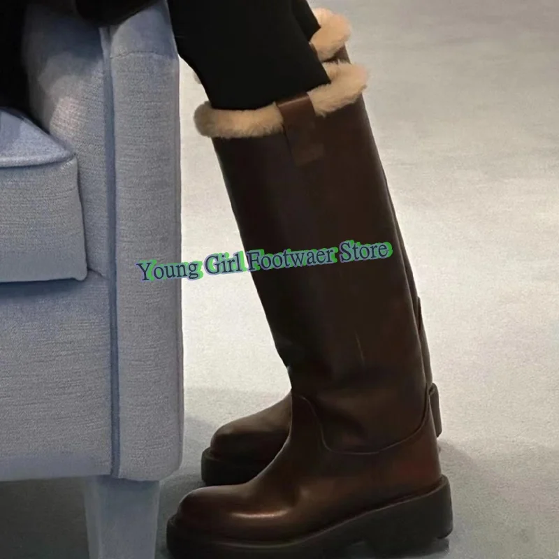 

New Model Brown Thigh Boots Round Head Chunky High Heels Snow Boots Wool Fleece Lined Keep Warm Knight Boots