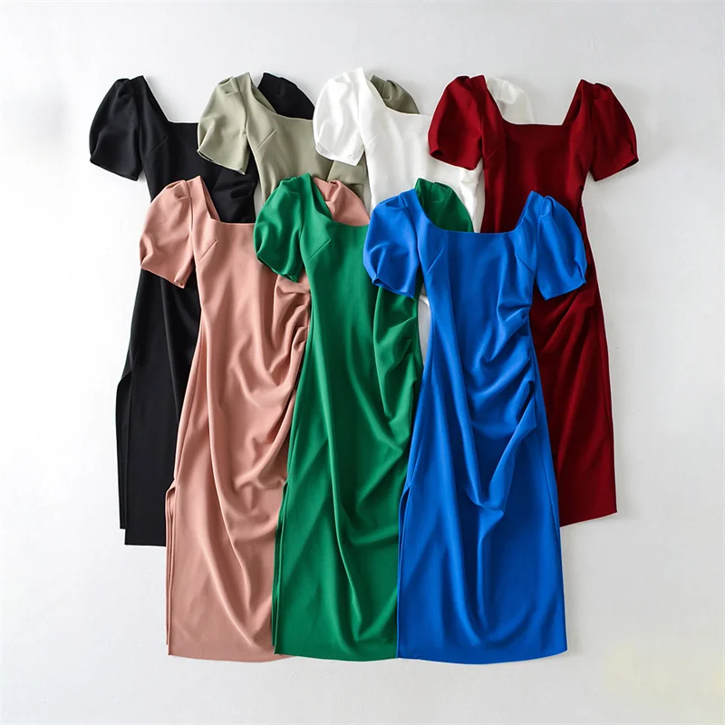 Ele Vintage Long Slim Fit Bubble Sve مثير سبليت Dr ساحة طوق Bodycon Dr Street Sle عالية الخصر ort S...