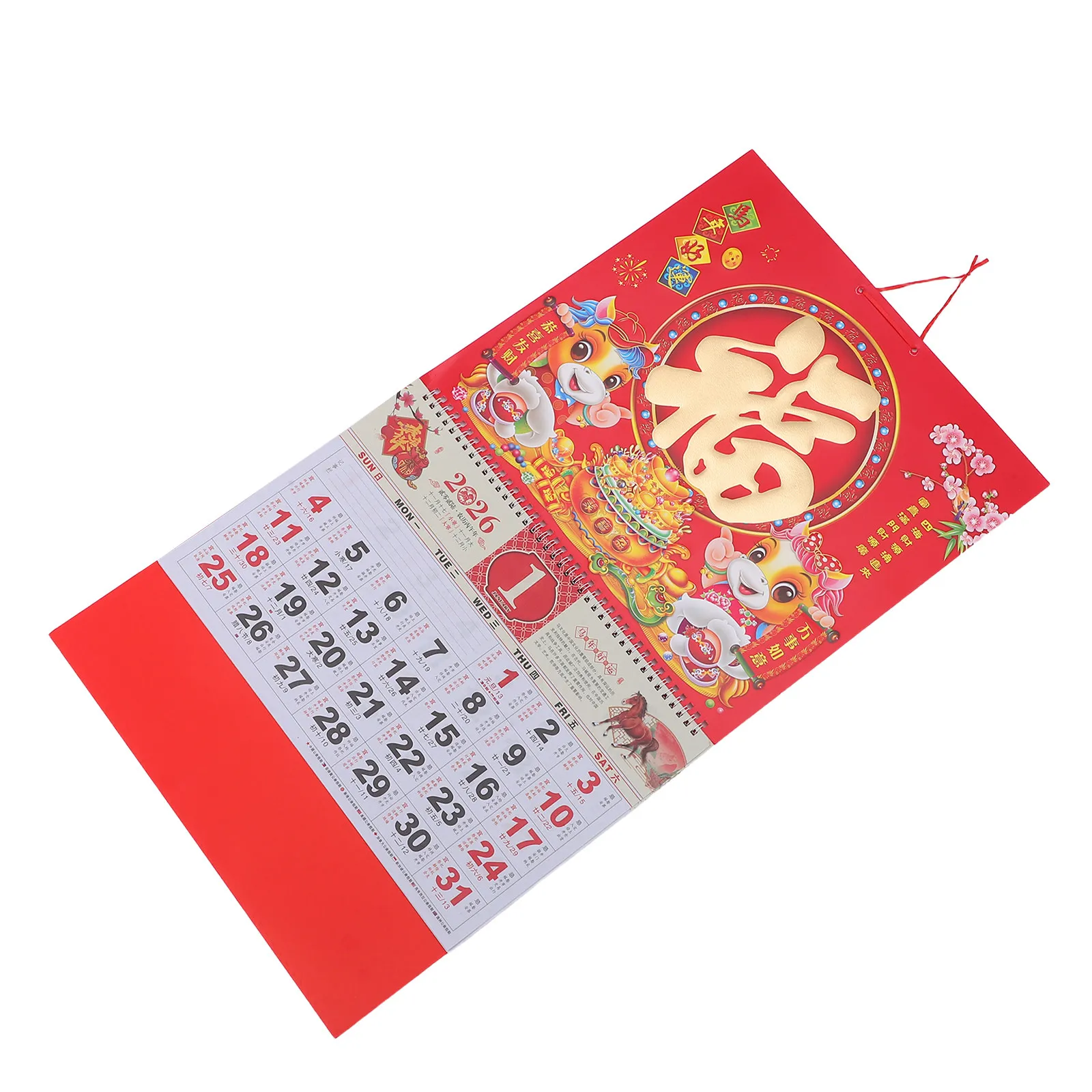 

Chinese Lunar Calendar 2026 Year of Horse Wall Calendar Gold Foil Fu Character Hanging Decor Traditional Daily Planner Spring