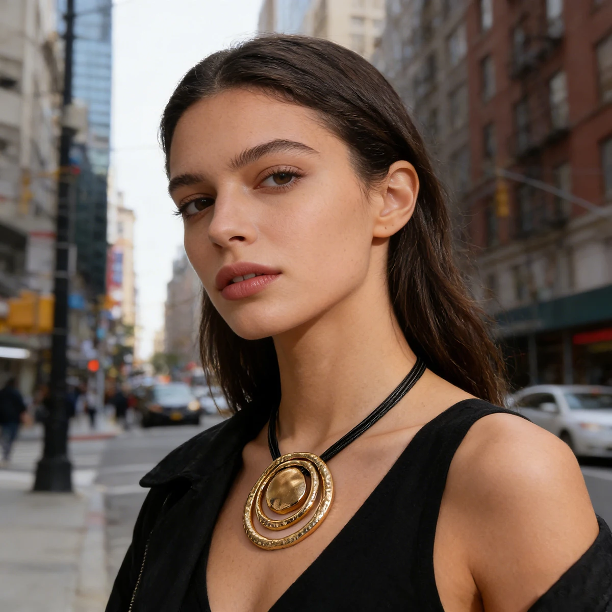 

European and American Hollow Out Golden Round Disk Pendant Necklace Black Cord Necklace Punk Fashion Party Accessories Jewelry