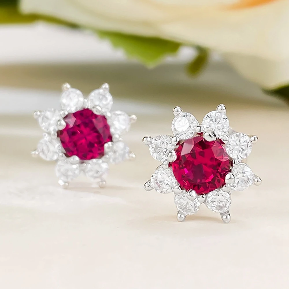 Vinregem 5MM Round Cut Ruby High Carbon Diamond Gemstone Vintage Flower Ear Studs Earrings 925 Sterling Silver Jewelry Wholesale