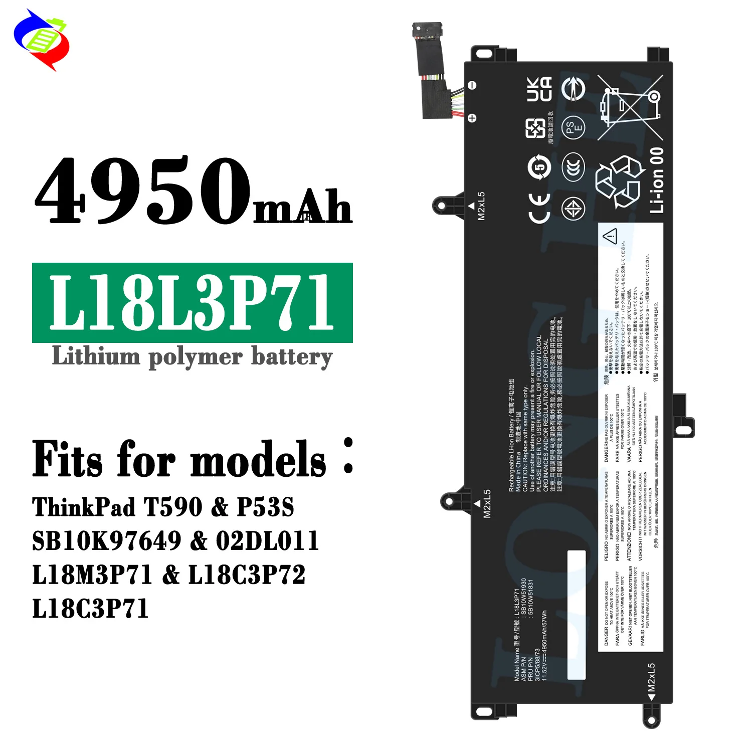 

L18L3P71 Laptop Battery for Lenovo ThinkPad T490 P53s P43s 02DL011 SB10K97649 4950mAh Replacement Battery