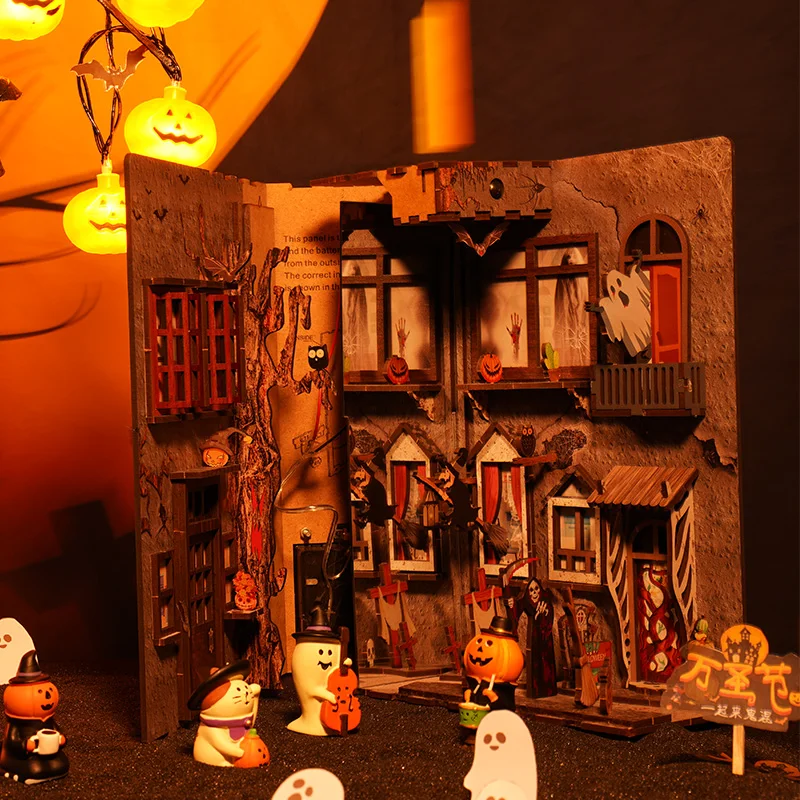 Miniatura de madeira Modelo Book Nook Kit, Halloween, Assustador, Beco, Bookend, Montado, 3D Puzzle, Estante, Decoração de Casa, Presentes para Adultos