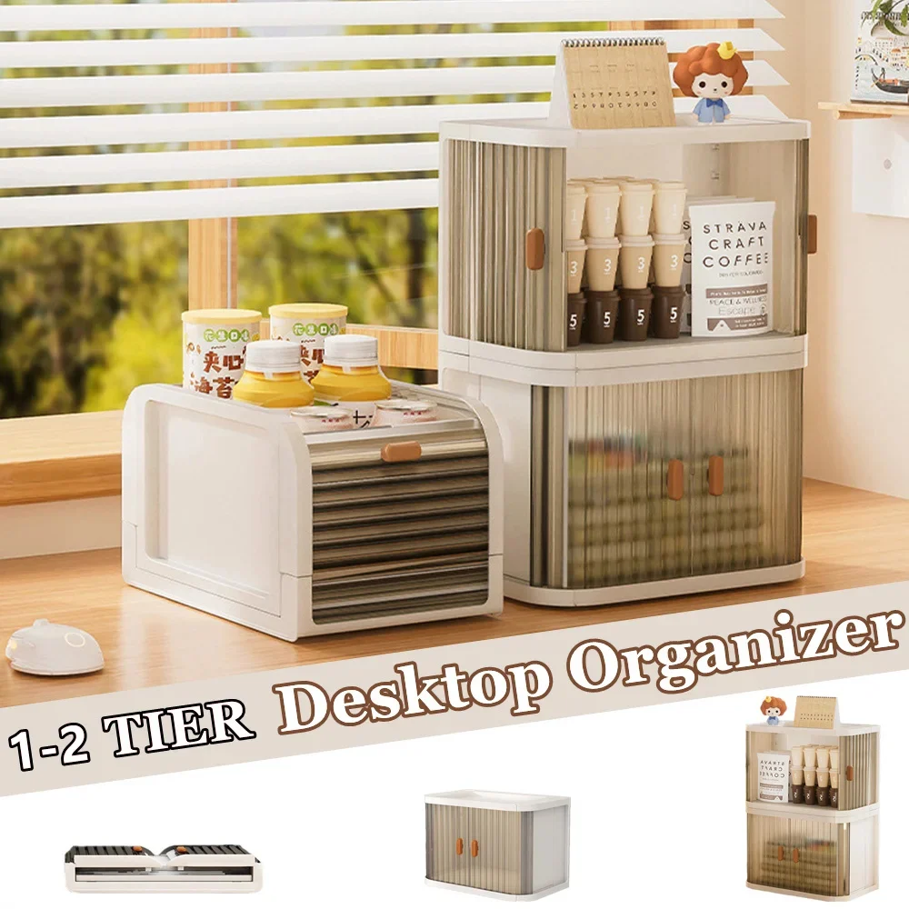 MINI Desktop Organizer, 1-2 Tier Folding Storage Boxes, Space-Saving Plastic Organizer, Storage Bins for Cosmetics Grocery Snack