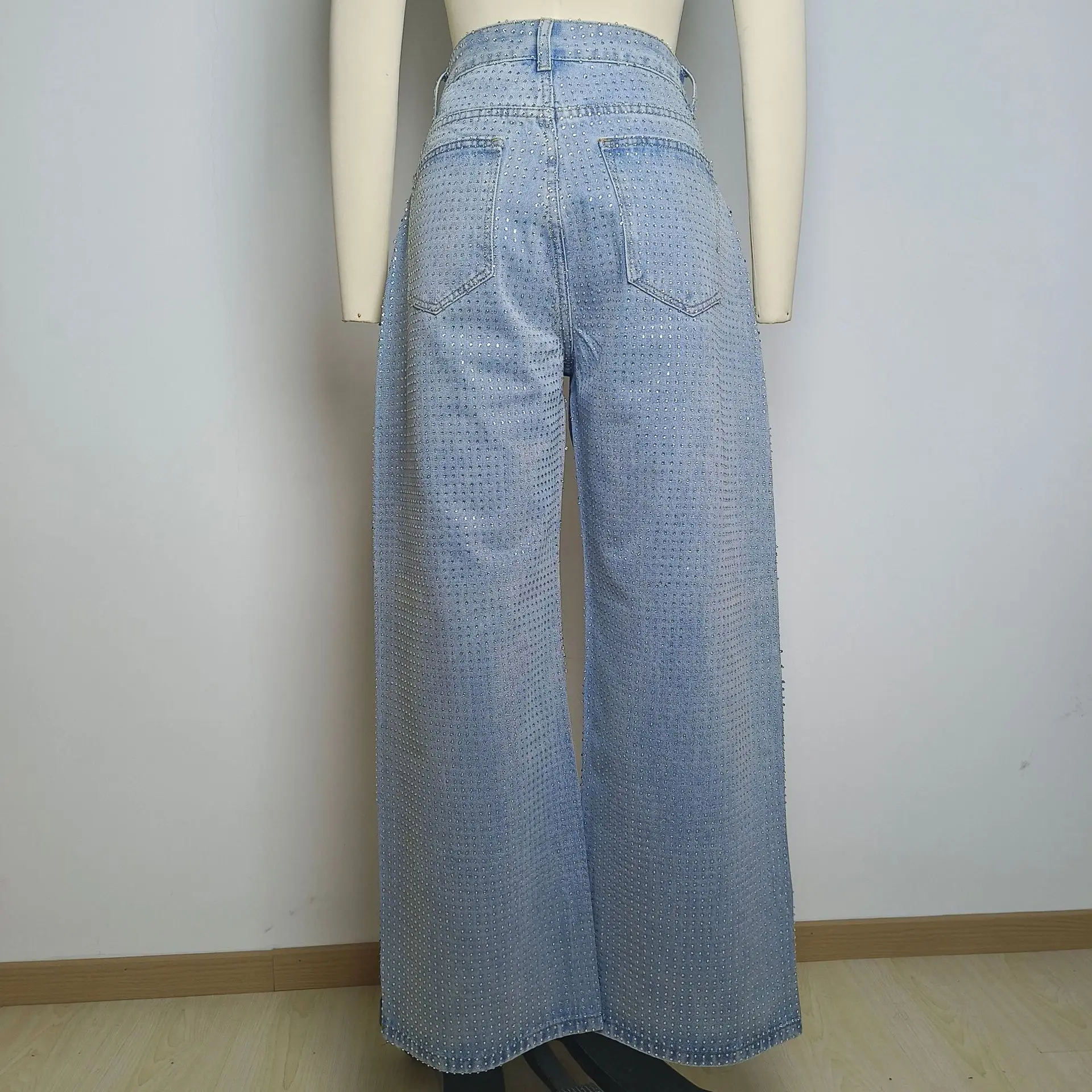 Gerade Jeans für Frauen Diamanten Hosen Stretch Hohe Taille Gewaschen Distressed Taschen Vintage Denims Streetwear Weibliche Hosen