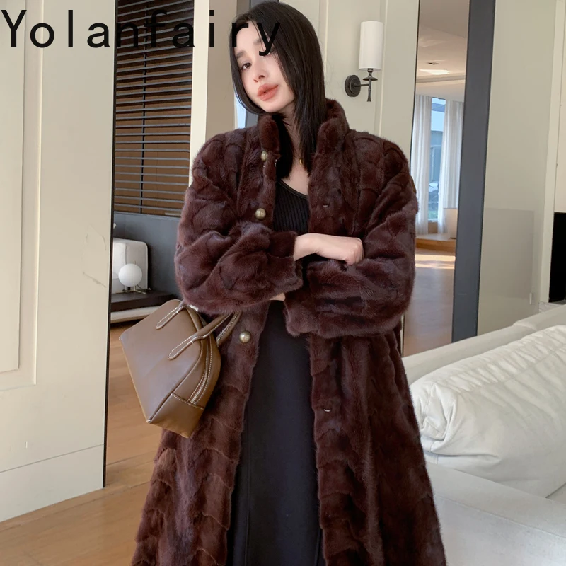 YOLANFAIRY معطف فرو منك عالي الجودة للنساء شتاء 2025 موضة الوقوف طوق طويل أسود فرو منك معاطف نسائية سترة من الفرو