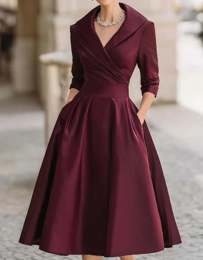 여성용 패셔너블한 출퇴근용 라펠 크로스 플리츠 허리 A라인 원피스