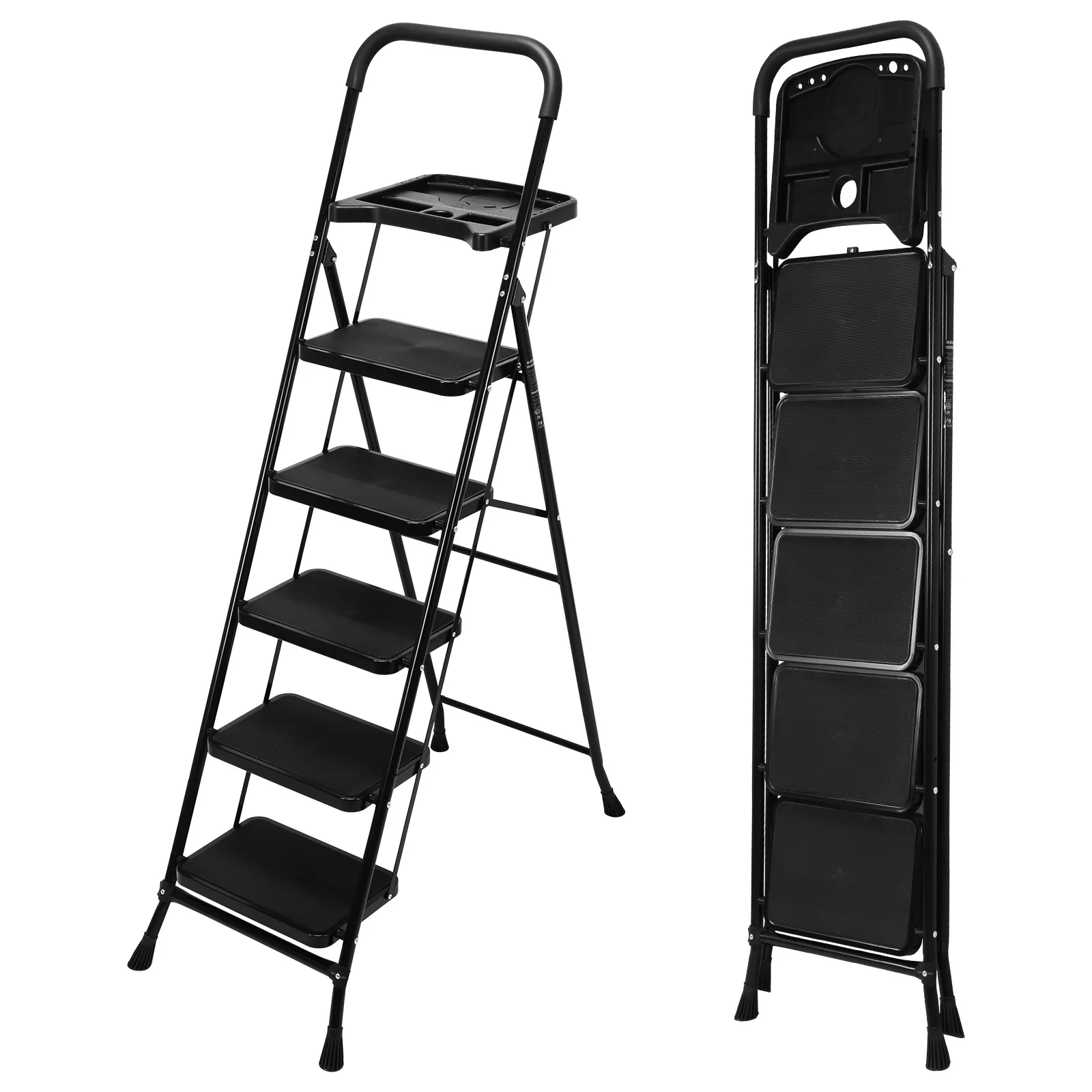 5 Step Ladder Foldable Step Ladder Support 330lbs Safety Locking with Wide Anti-Slip Pedal for Indoor House