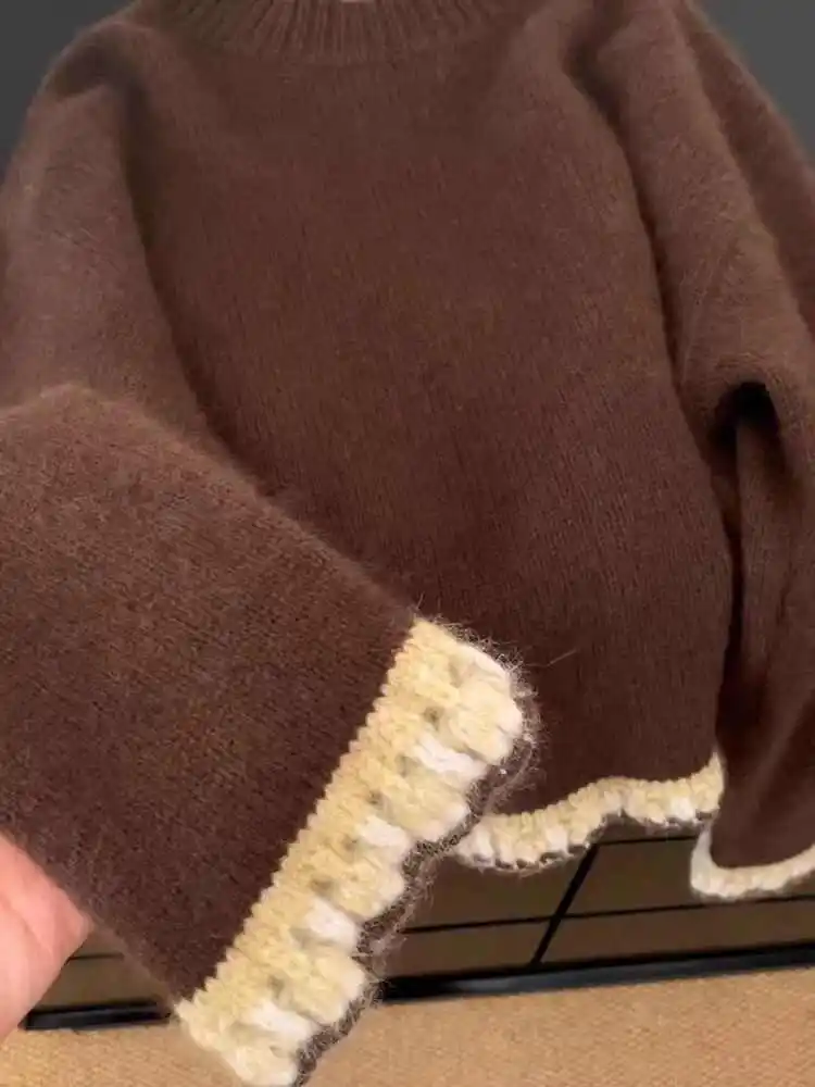 Jersey de retales marrón para mujer, suéter Harajuku Vintage coreano Y2k de manga larga con cuello redondo, suéter de gran tamaño, ropa de los años 2000