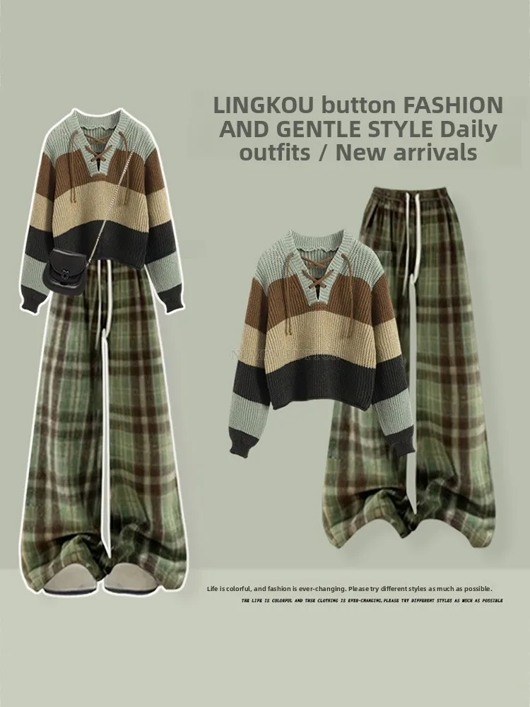 Retro Striped Knitted Sweater And Checkered Casual Pants Two-Piece Set plus Size Autumn Winter Fashion Korean Style Women's E...