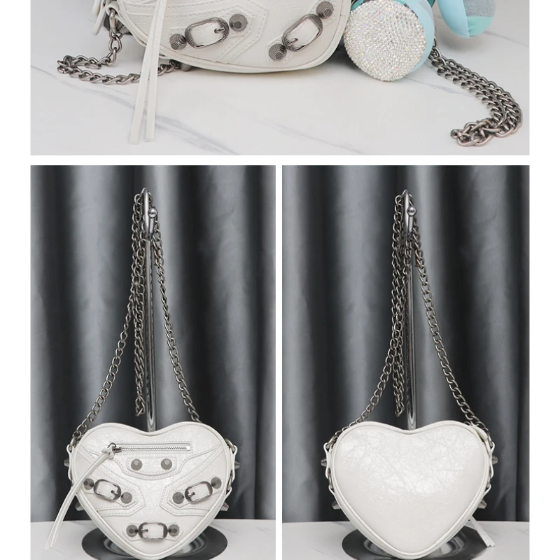 Heart Mini Rivet Bag Sweet Cool Ladies Love shaped Motorcycle Bag Leather Diagonal Straddle Chain Bag