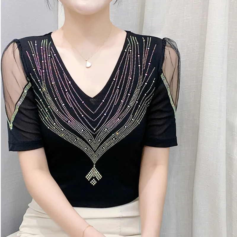 # 5905 Schwarz Blau Off Shouler T Shirt Frauen V-ausschnitt Diamanten Sexy Kurze T Shirt Weibliche Streetwear Dünne Elastische T Shirt femme