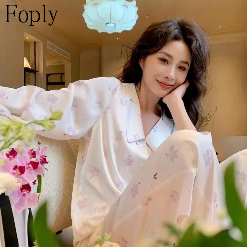 

Magnolia Woman Pyjamas Spring Summer 2 Piece Pajama Faux Silk Satin Sleepwear Long Sleeve Button Pijama Mujer Pjs Loungewear