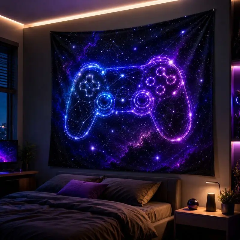 Game Controller Mushroom Blacklight Tapestry Neon Galaxy Wall Hanging Gaming Room Decor