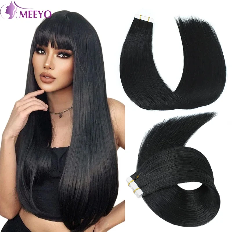 Extensão de cabelo humano reto para mulheres, fita no cabelo, preto, preto, cabelo brasileiro, 18 "a 26", 20 pcs por pacote, 20 pcs