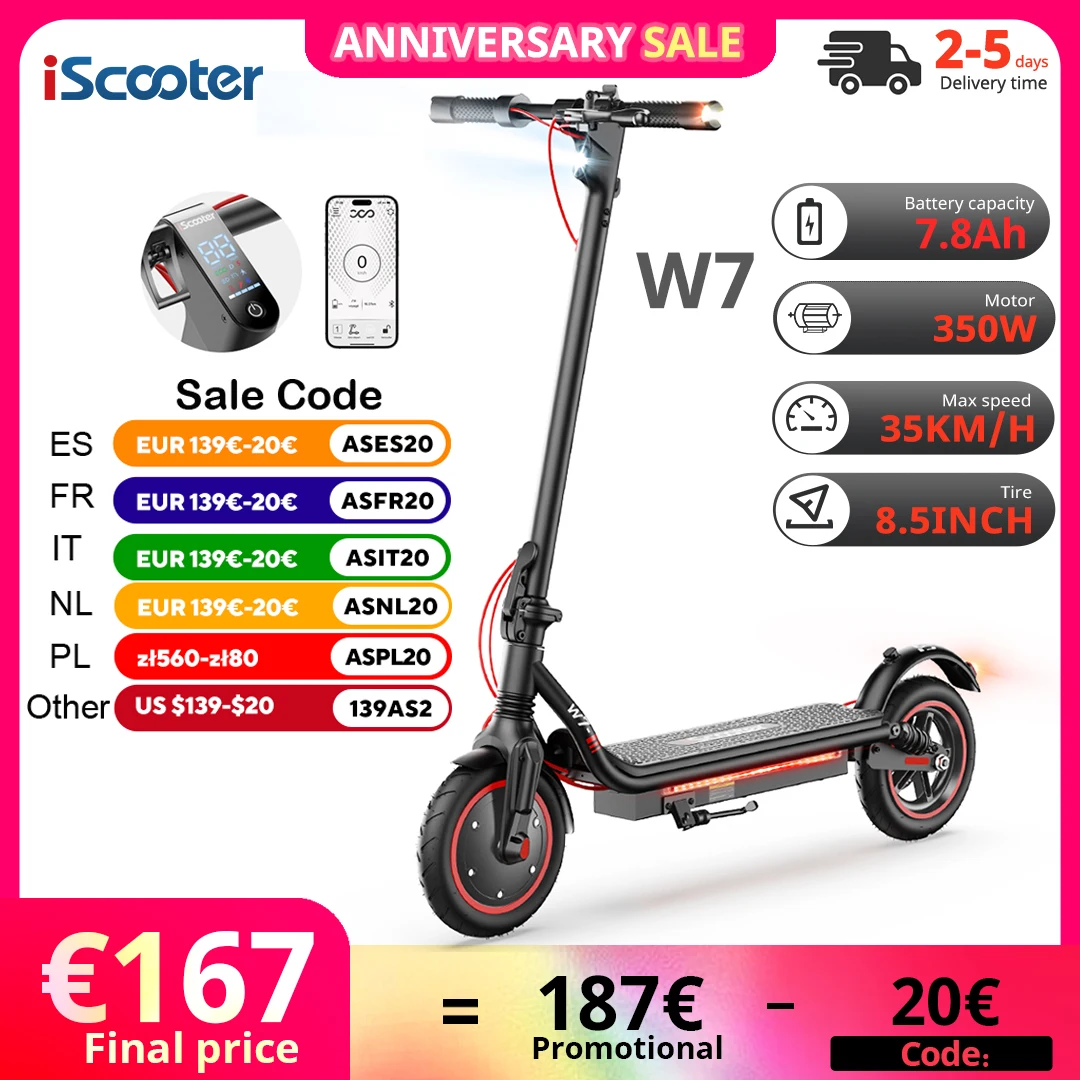 iScooter Electric Scooter W7 8.5 Inch Tires 36V 7.8Ah Battery 350W Motor 30km Range 35km/h 3-Speed Modes Electric kick Scooters