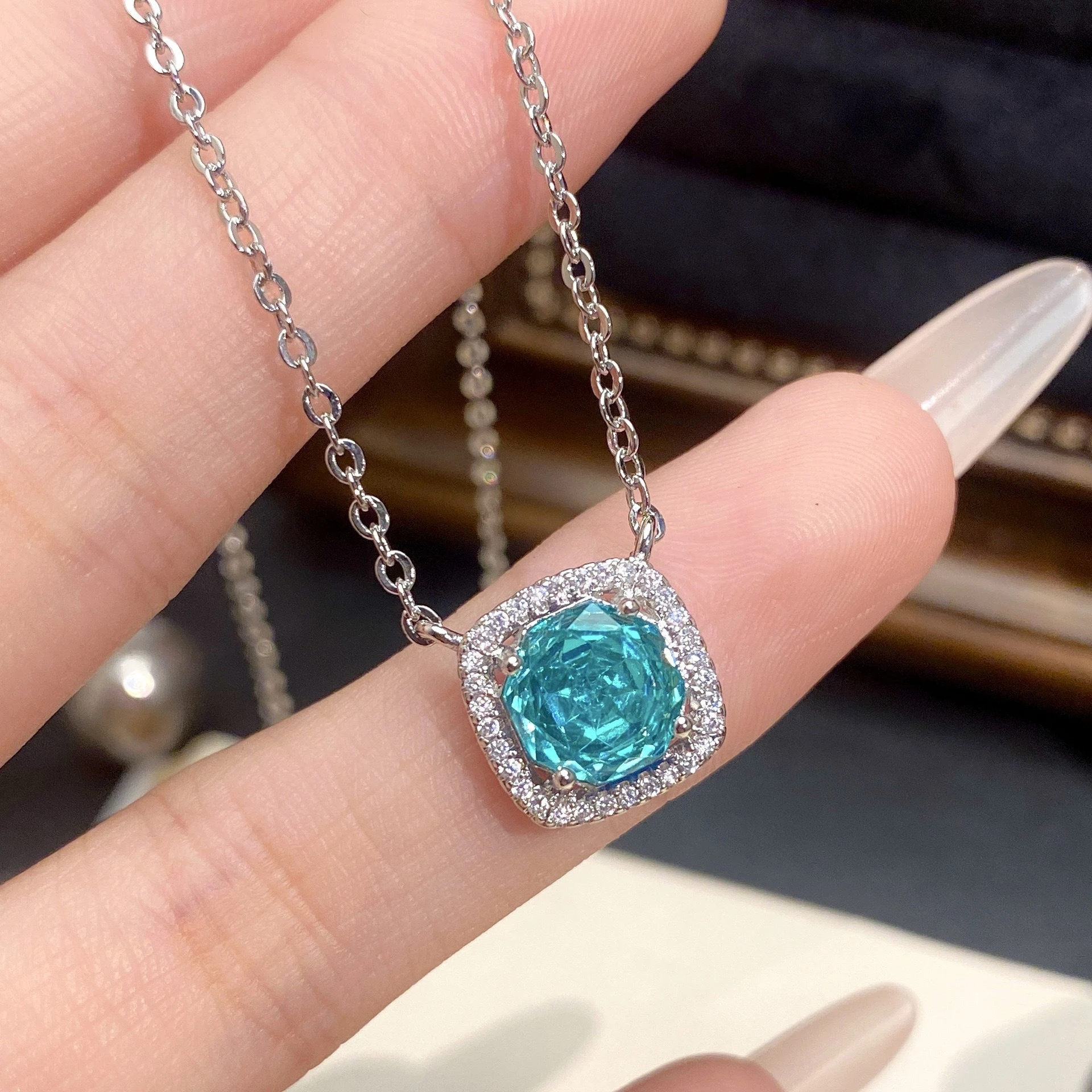 925 Sterling Silber Achteckiger Millennium Rose Cut Paraiba Hochkarätiger Diamant Princess Square Halskette Damen Schlüsselbeinkette – Detail 6