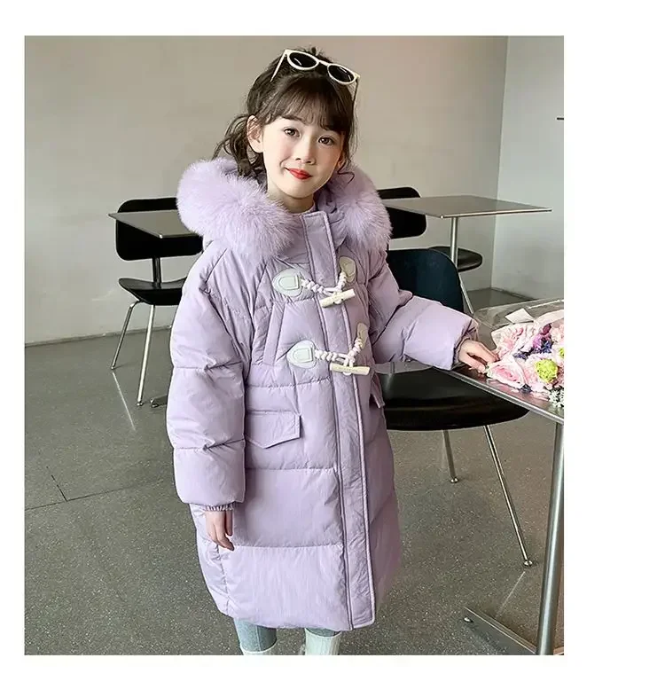 Girls Mid Length Cotton Jacket Winter 2024 New Trendy Baby Cotton Jacket with Large Fur Collar Children Winter Clothing