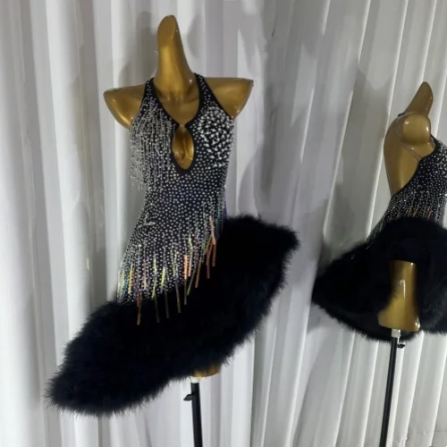 Black Latin Dance Fringed Dress Sexy Competition Ball Costume Practice Wear Short Skirt Adult Party Evening Suit Customized
