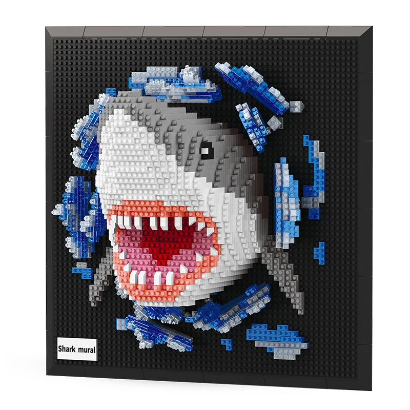 創造的な壁掛けアートフレームビルディングブロック、diy装飾アート、大人向けの創造的なビルディングブロックオーナメント、サメのビルディングブロックペイント