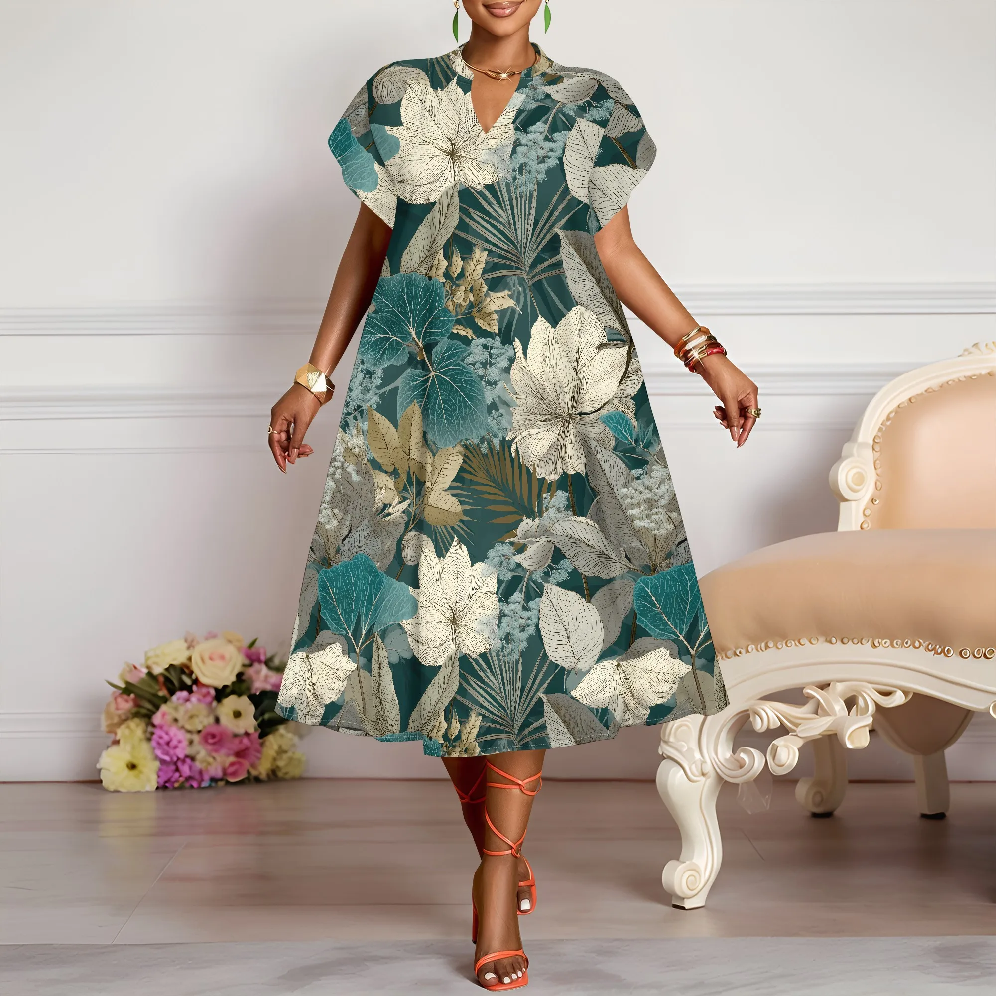 V Neck Floral Print Dress, Tropical Leaf Pattern Midi Dress, Boho Summer Beach Vacation Wear, Casual Loose Fit for Women XS-3XL