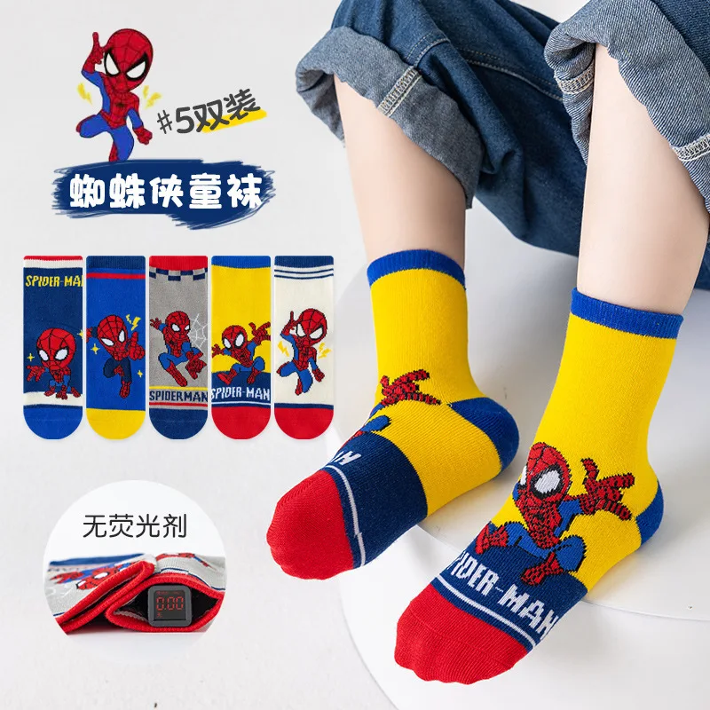 

5 Pairs Marvel Children Socks Anime Kids Boys Short Sock Spiderman Cartoon Baby Fall Winter Mid-calf Cotton Sports Socks 1-12Y