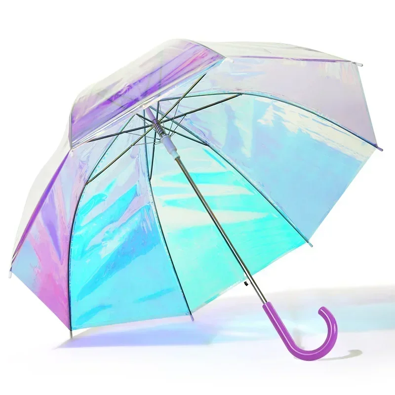 Automatic curved handle transparent umbrella, small fresh girly colorful umbrella, fashionable iris colorful laser umbrella