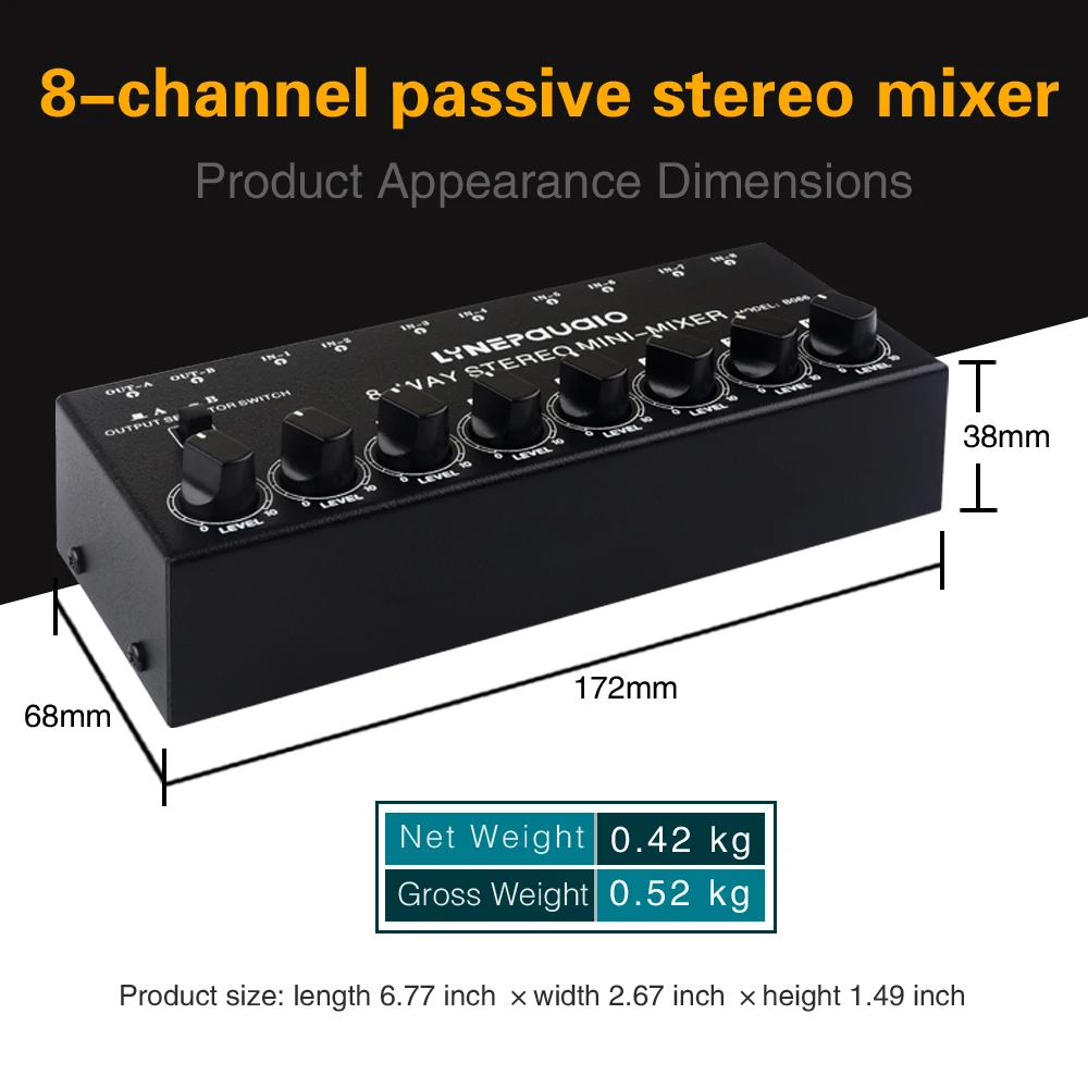 Mini mezclador estéreo pasivo de 8 canales No requiere energía Mezclador de audio estéreo de 8 canales Interfaz RCA