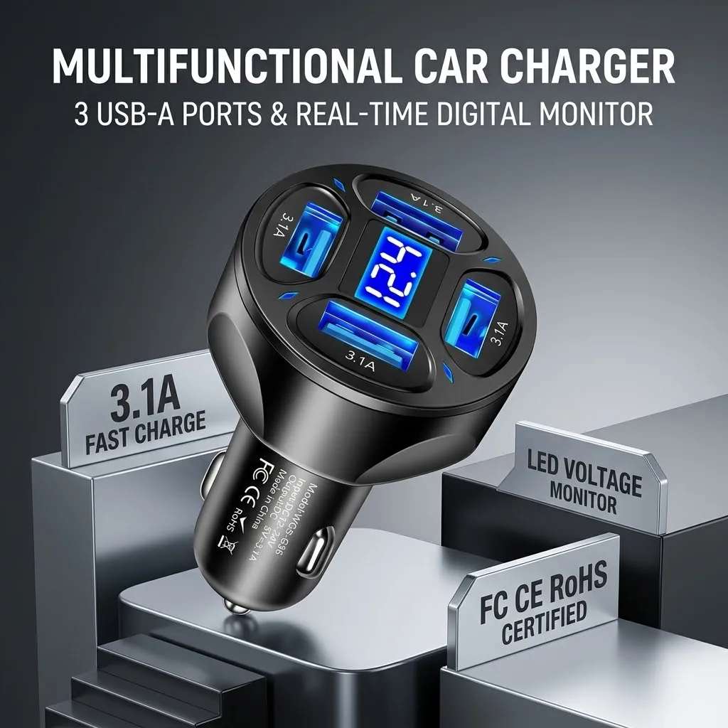 4-Port USB Car Charger with LED Voltage Display Smart Chip Multi-Protection Fireproof ABS Shell Adapter For iPhone For Samsung