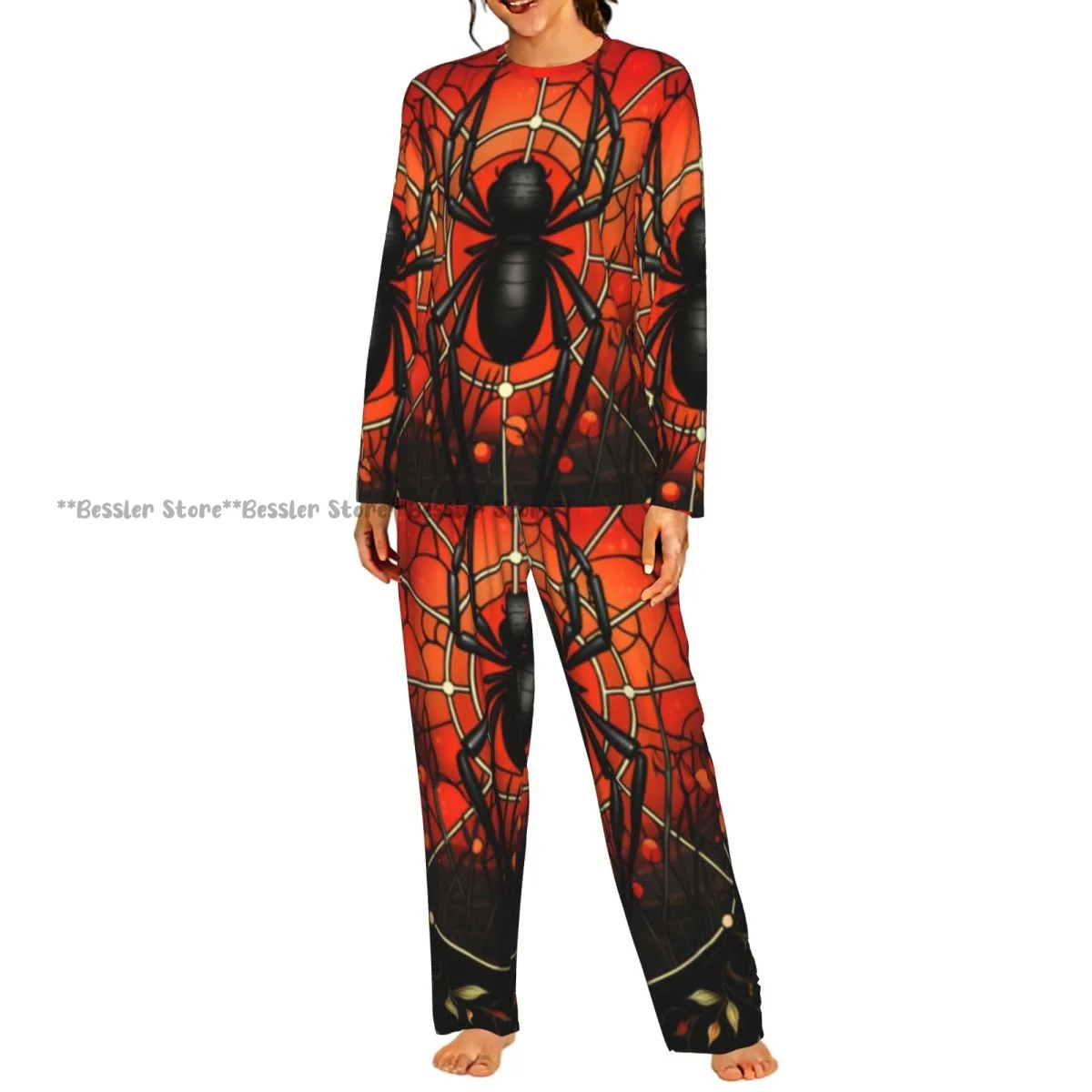 Women Casual Round Neck 2PCS Sleepwear Set Long Sleeve Shirt & Long Pants Spider On Stained Glass Daily Home Loungewear