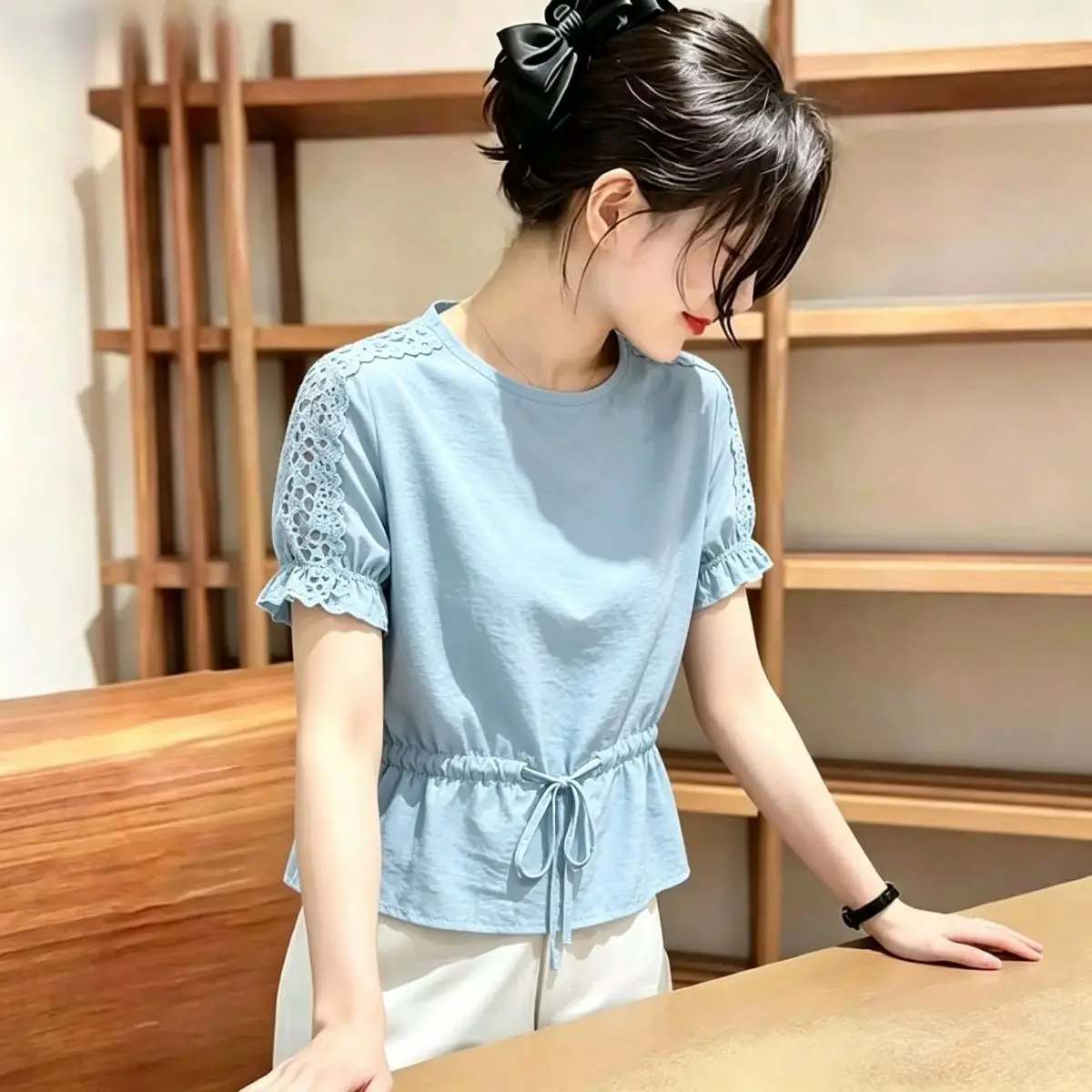 

Fashionable Hollow out Short Sleeve Belted Waist Thin Shirt Summer New Loose Stylish round Neck Top Women's Small Shirt