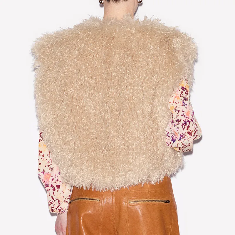 Gilet corti da donna in pelliccia di agnello sintetica senza maniche giacche pelose larghe tinta unita O collo Taddy cappotti di peluche cardigan soffici alla moda invernale