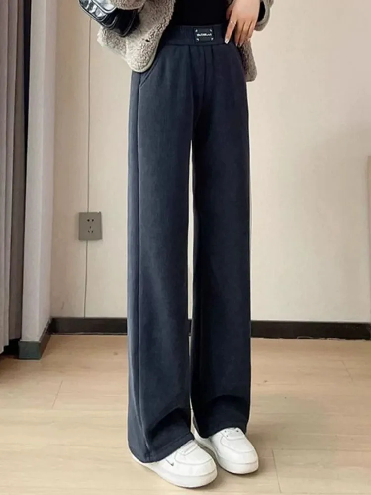 Winter Warm Thicken Lambswool Straight Pants Women Casual Elastic High Waist Fleece lined Wide Leg Pantalones Chic Baggy Calca
