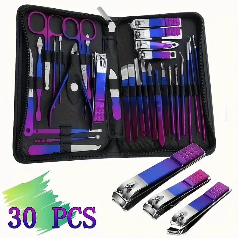 

30pcs Stainless Steel Manicure Set in Dazzling Purple & Blue Modern Style Nail Clippers with Convex Blade, Non-Scented Portable