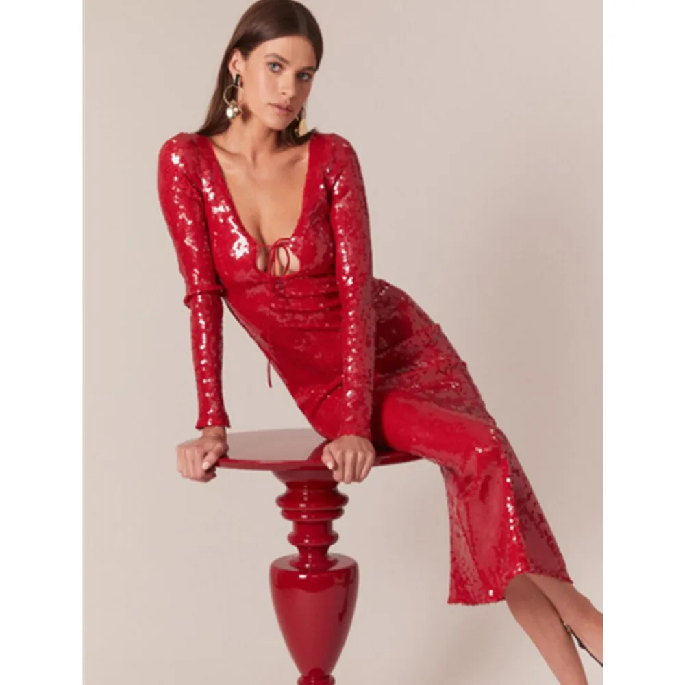 

Elegant Red Long Sleeve Sequin Midi Casual Dress Party Performance Fashionable Dress Zipper Style Loose Waist Knitted Fabric