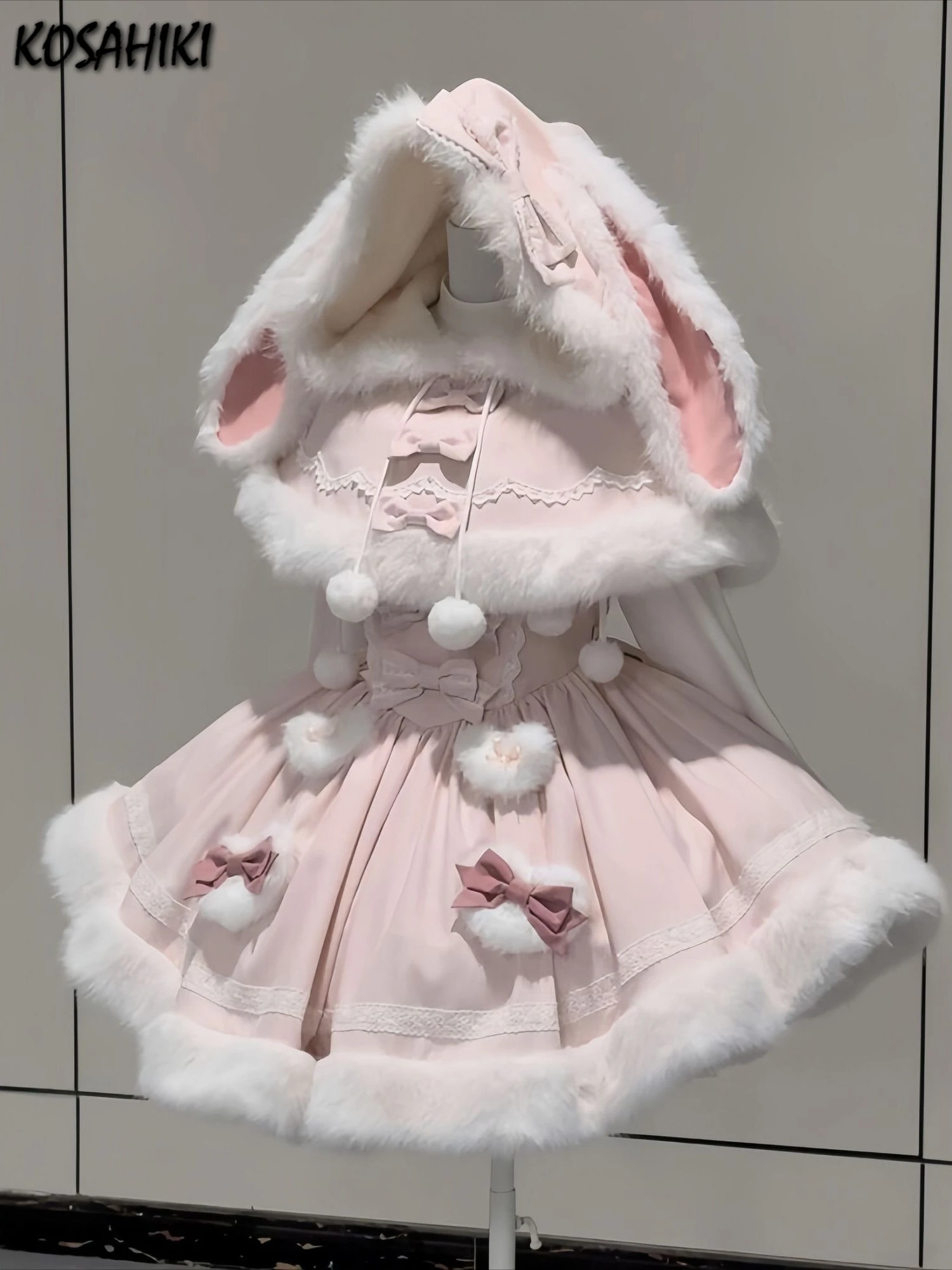 Conjunto de dos piezas de Lolita japonesa para mujer, vestido peludo de retales dulce + capa con capucha con orejas de conejo, traje con lazo JK