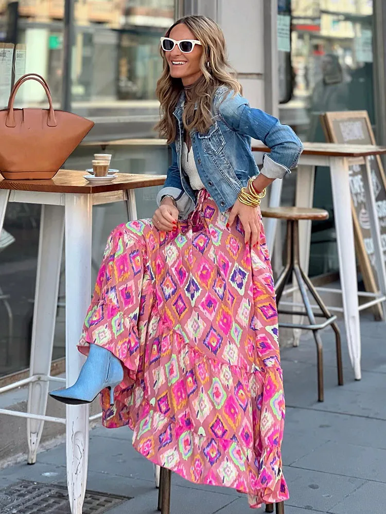 Women\'s Print Long Skirt Ruffle Skirt Fashion Boho New Casual Floral Female Holiday Skirts 2023 Traf Official Store Denim Skirt