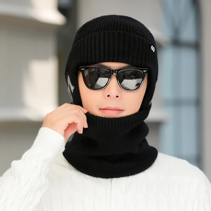 في الهواء الطلق الشتاء الرجال محبوك قبعة سنود 2 قطعة/المجموعة أفخم الدافئة بلغت ذروتها قبعة غطاء للأذنين عادية Cysling ركوب عالية الجودة نموذج قبعة الرجال