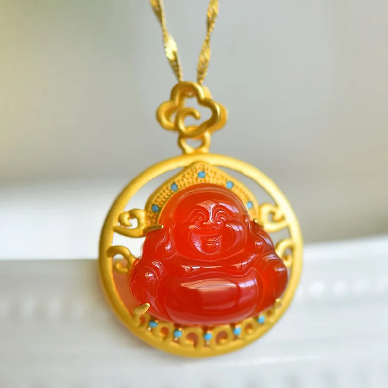 Red Jade Laughing Pendant Certificate, 925 Silver Gold-Plated, Inlaid with Agate and Chalcedony, Maitreya Buddha Pen
