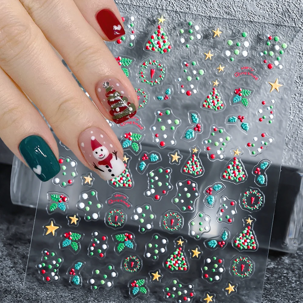 1Pcs 5D Creamy Colorful Christmas Tree Nail Sticker Cute Embossed Xmas Snowman Santa Claus Elk Snowflake Nail Decals #Christmas_