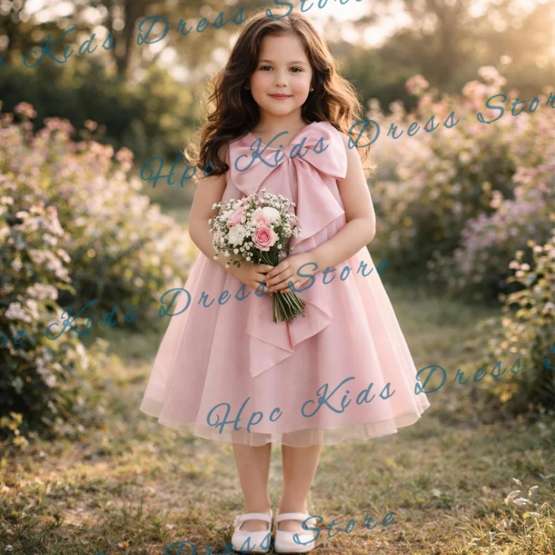 Custom Pink Tulle Flower Girl Dress with Big Bow for First Communion Wedding Party Kids